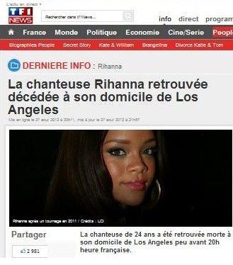 Artikel rekaan yang mengabarkan Rihanna meninggal