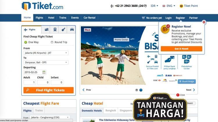 Tiket.com, menawarkan tantangan harga membandingkan harga yang lebih murah