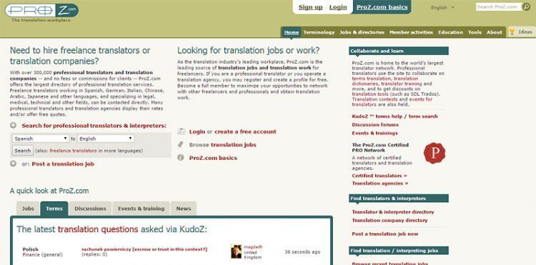 Proz.com menjadi salah satu situs adalan dan komunitas bagi para freelancer di bidang penerjemah