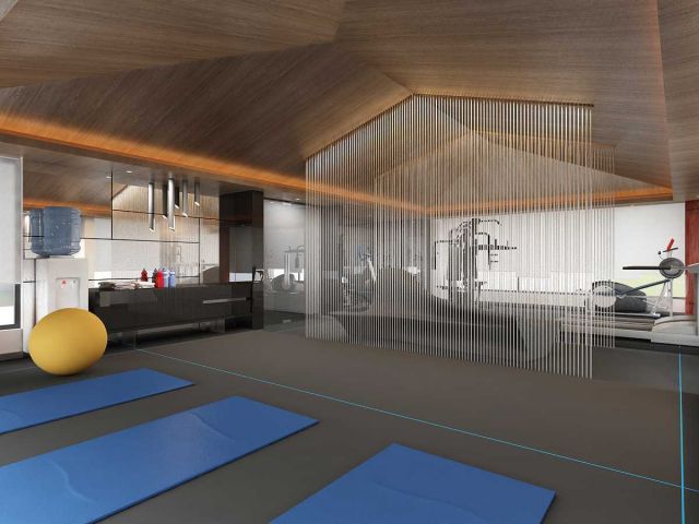 Ruang gym yang luas untuk yoga karya Saka Design Lab //