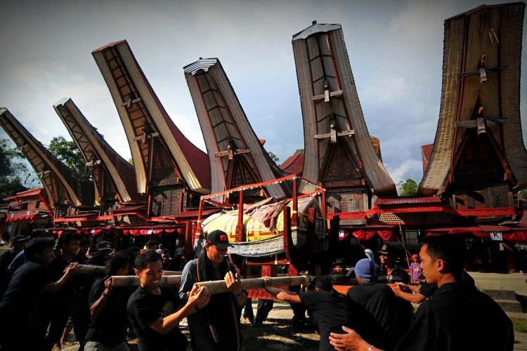 Sejumlah kerabat mengarak patung dan jenasah saat prosesi ma'palao di Sa'dan, Rantepao, Toraja Utara, Senin (22/12). MaÕPalao merupakan bagian dari prosesi upacara rambu solo yakni proses perarakan jasad dari area Rumah Tongkonan ke tempat pemakaman atau patani. ANTARA FOTO/Zabur Karuru/ed/pd/14