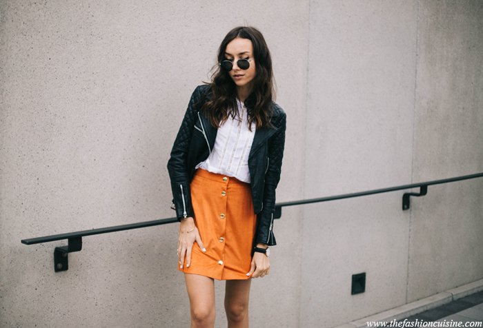 orange-button-through-suede-skirt-lace-blouse-leather-jacket-sporty-outfit-6