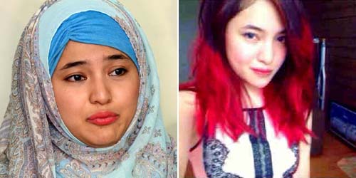 Kerudung biru vs rambut merah.