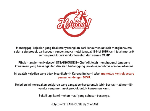 Permintaan maaf dari Holycow..