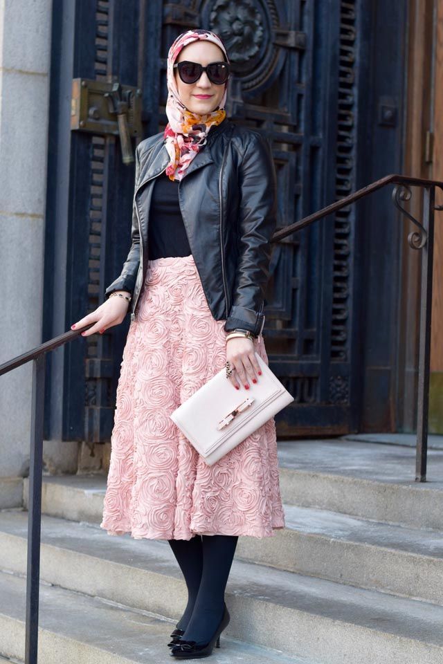 A Day In The Lalz Pink Skirt and Black Leather Jacket