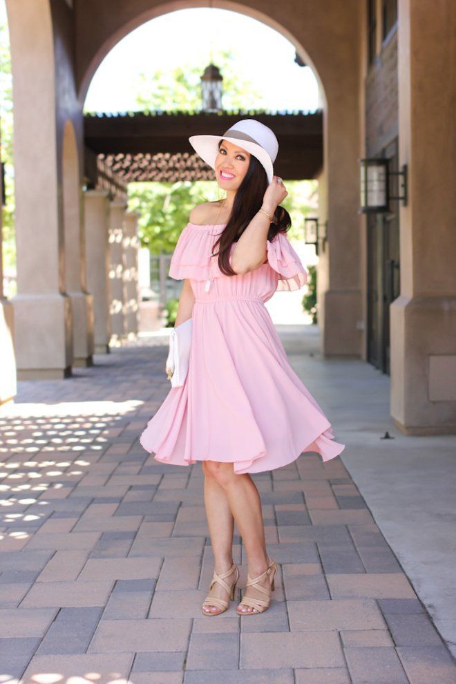 chicwish-endless-off-the-shoulder-frilling-dress-in-pastel-pink-saks-off-5th-white-floppy-hat-hm-white-clutch-isola-strappy-nude-sandals-5