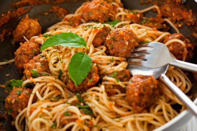 Original Italian spaghetti with meatballs in tomato sauce