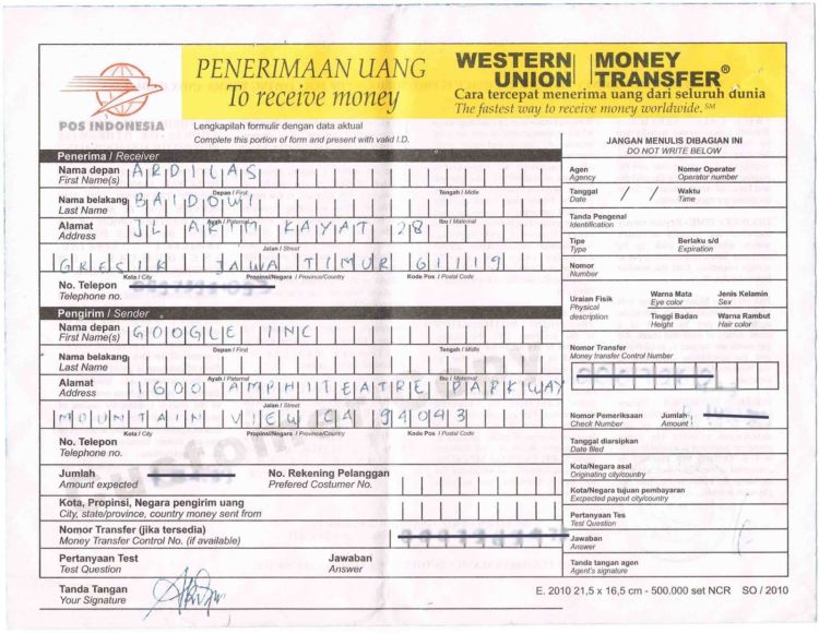 Ini kalau kamu ngambilnya di Western Union