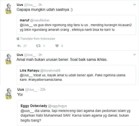 Jawaban Uus terhadap komentar netizen