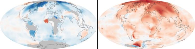 Perbandingan suhu bumu tahun 1951 dan 1980. Suhu bumi meningkat 1,8 derajat Fahrenheit sejak tahun 1880