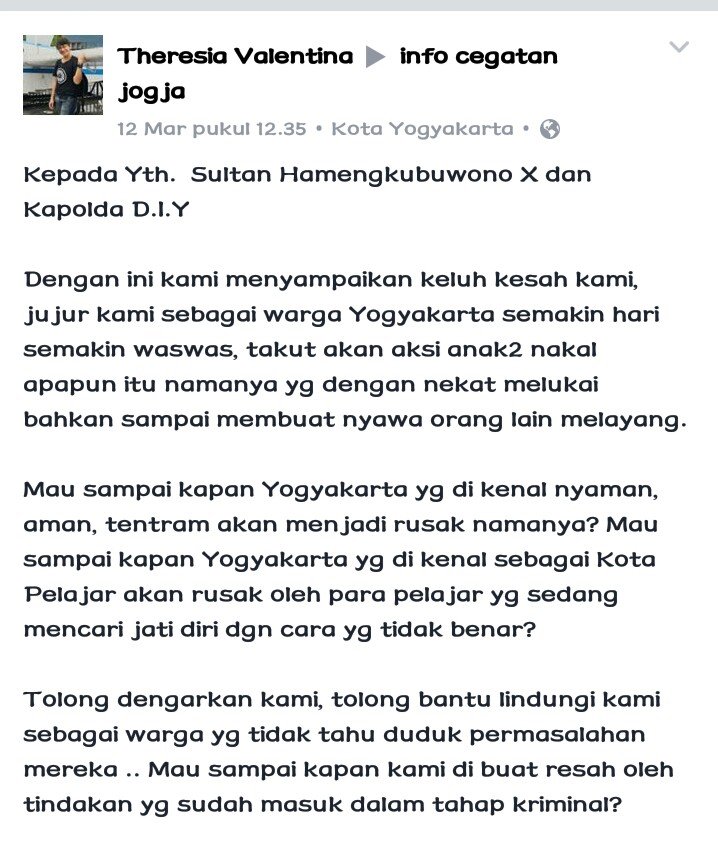 Surat untuk Sultan Hamengkubuwono X, Mohon Lindungi Kami dari Kejahatan Klitih! Jogja Berhenti Nyaman