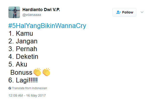 Kocak! Netizen Bikin Tagar #5HalyangBikinWannaCry, Bukan Nama Virus, Tapi Beneran ‘Wanna Cry’ :(