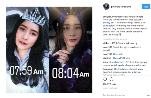 Prilly Jadi Orang Indonesia Pertama yang Bisa Nyobain Filter Wajah di IG, Kapan Kita Bisa Coba Juga?