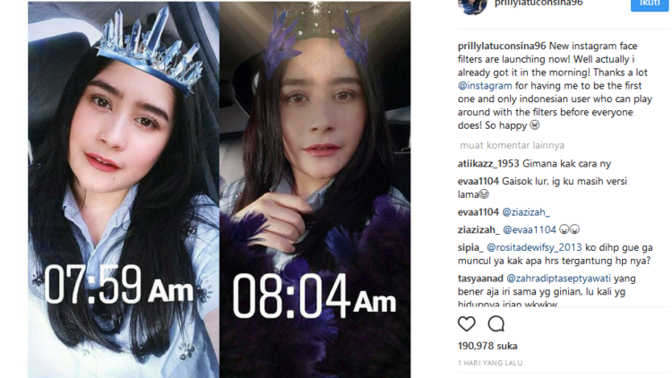 Prilly Jadi Orang Indonesia Pertama yang Bisa Nyobain Filter Wajah di IG, Kapan Kita Bisa Coba Juga?