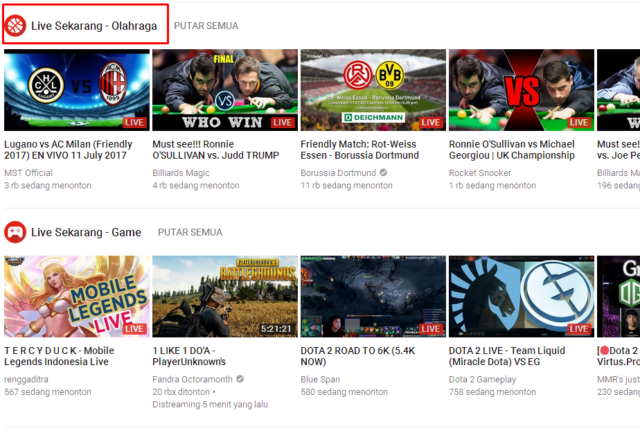 Youtube Live Olahraga