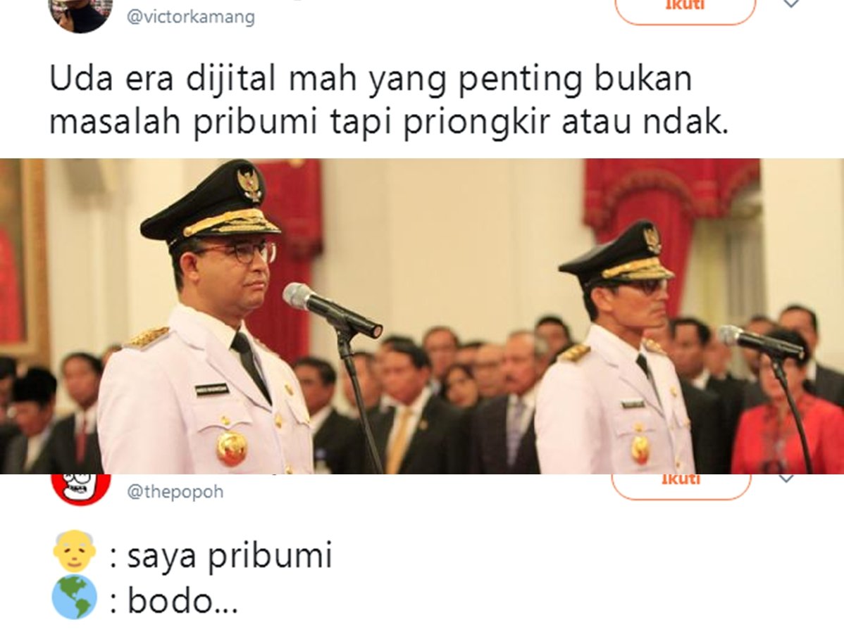 Kocak! Ini Reaksi Warganet Soal Pidato ‘Pribumi’ Gubernur Baru Jakarta