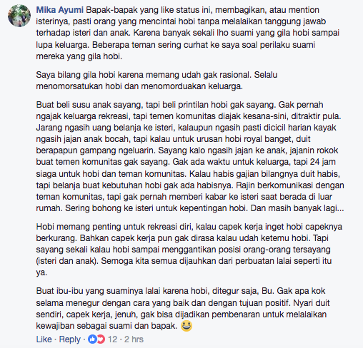 Bikin Status Soal Istri yang Seharusnya Nggak Melarang Hobi Suami, Cewek Ini Didukung Ribuan Warganet