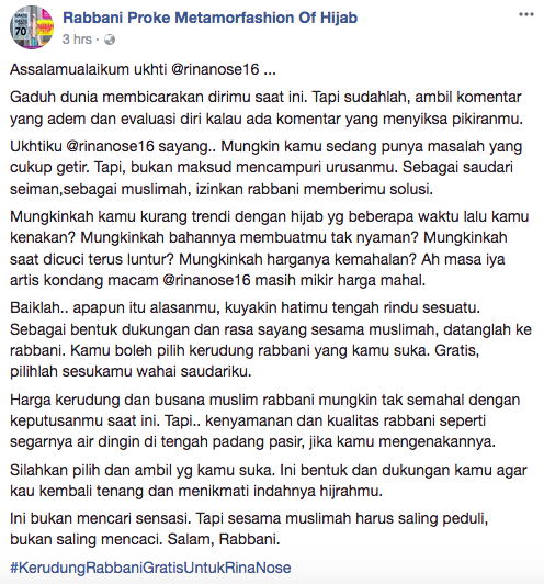 Gratiskan Kerudung, Rabbani Dituding Promosi. Padahal Katanya Ini Bentuk Dukungan buat Rina Nose Loh