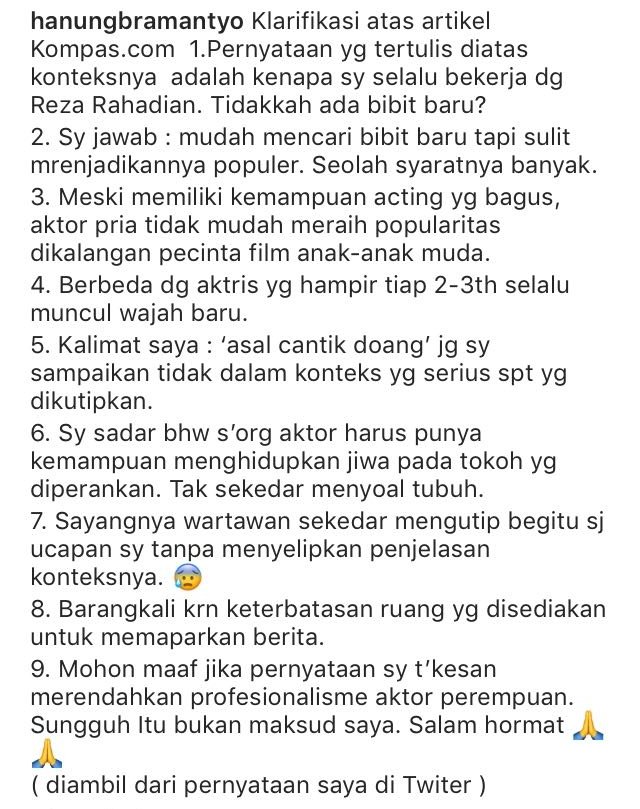 Hanung Bramantyo Buka Suara Soal Ucapannya yang Dinilai Seksis. Nggak Jelas Konteks, Jadi Ambigu Deh