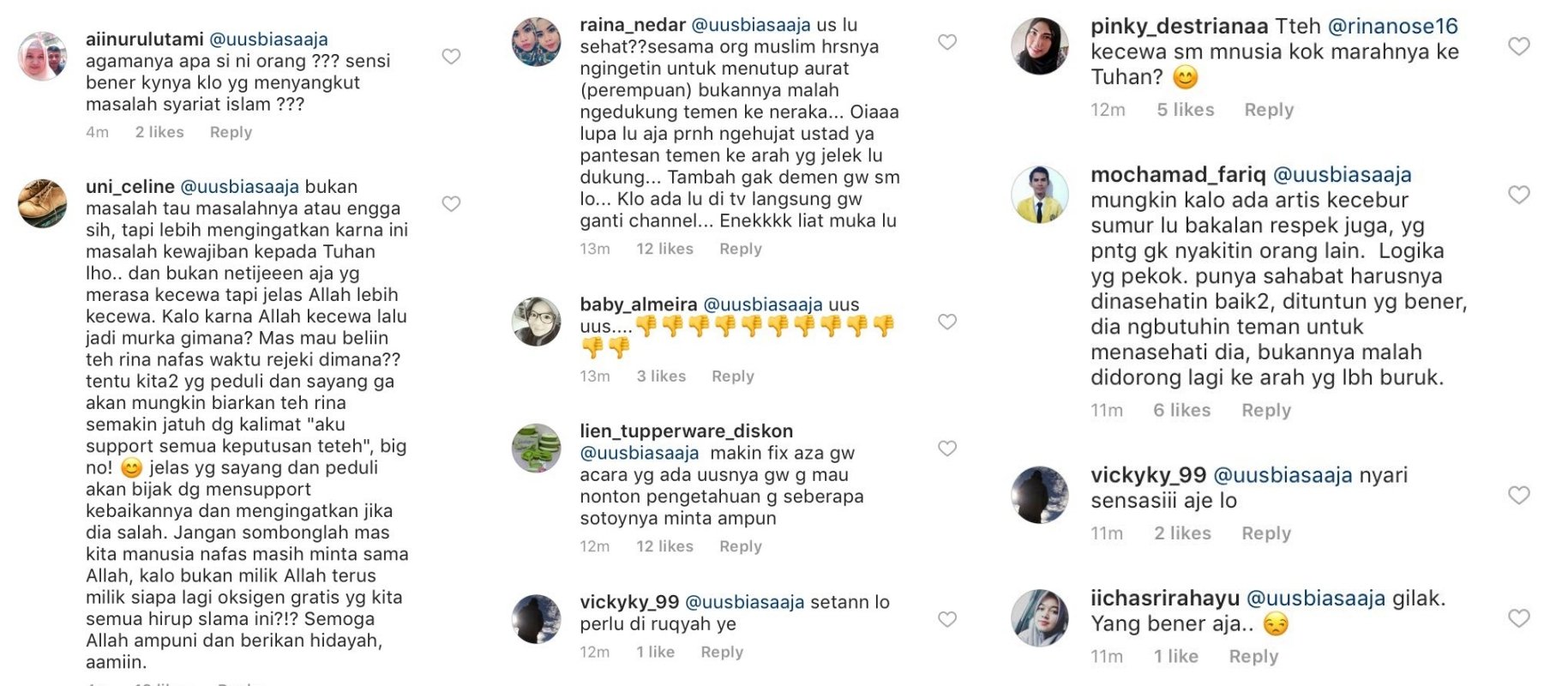 Belain Keputusan Rina Nose yang Lepas Jilbab, Uus Juga Kena Ceramah Warganet. Jadi Serba Salah Deh!