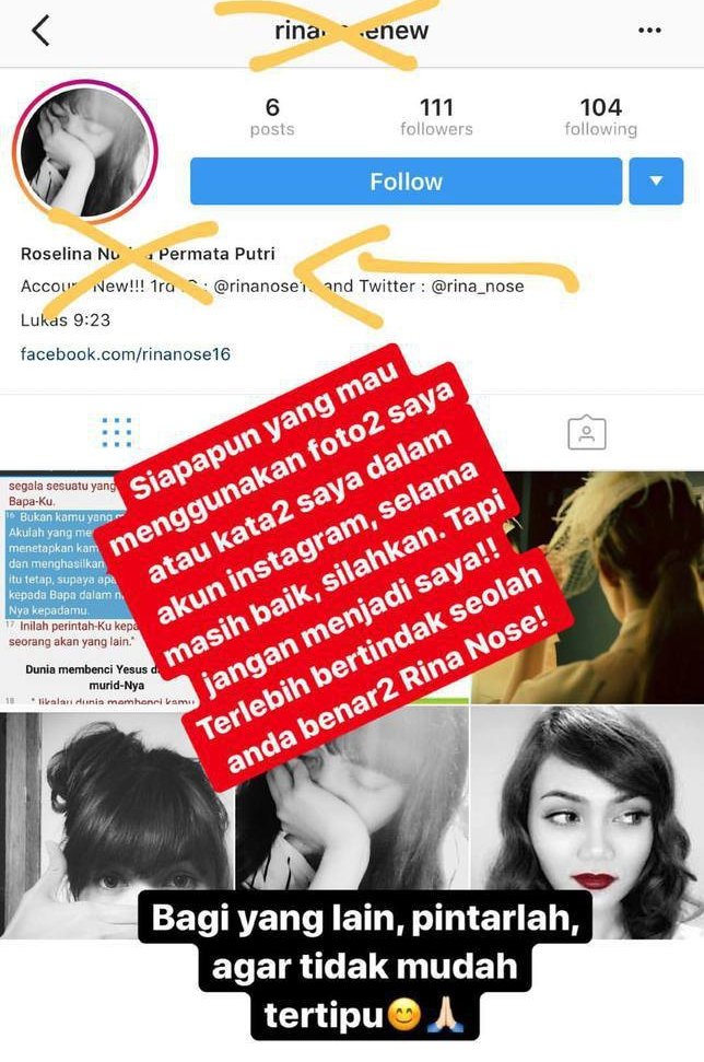 Ada Akun Palsu Rina Nose yang Menyebar Isu-Isu Baru, Awas, Kita Harus Bisa Bedain!