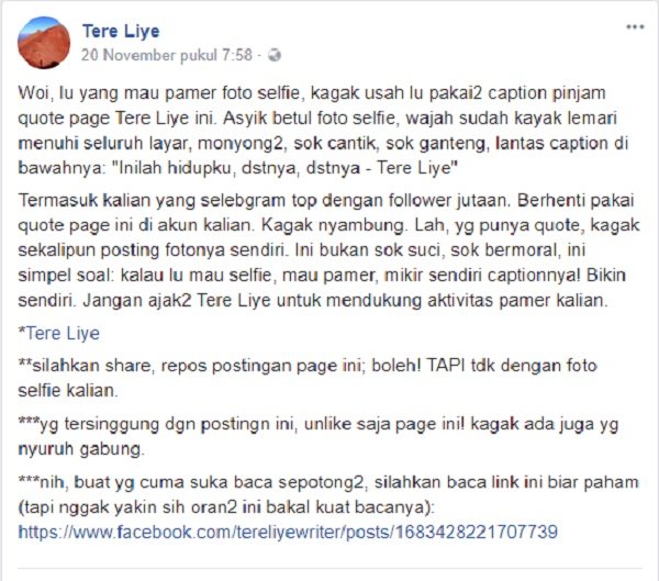 Ungkapkan Kekesalan, Tere Liye Gegerkan Jagat Maya. Cuma Cari Sensasi atau Memang Bikin Emosi, Bang?