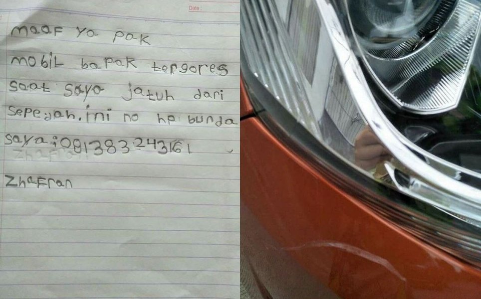 Bocah Kecil Ini Tinggalkan Surat Pertanggungjawaban Setelah Menggores Mobil di Tepi Jalan. Salut!