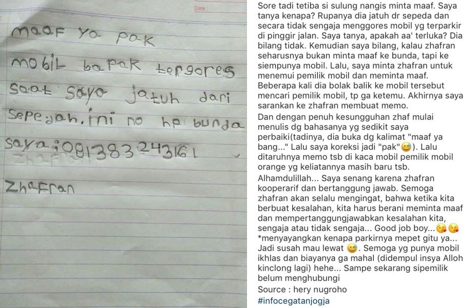 Bocah Kecil Ini Tinggalkan Surat Pertanggungjawaban Setelah Menggores Mobil di Tepi Jalan. Salut!