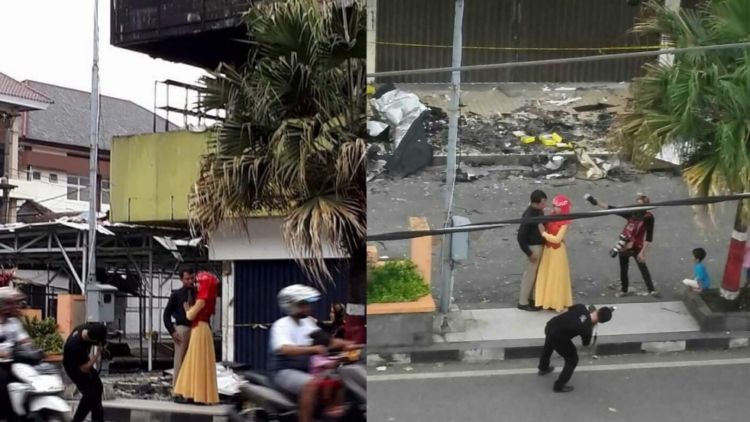 Antara Unik atau Miris, Prewedding Pasangan Ini Digelar di Depan Bangunan yang Baru Terbakar. Biar Apa sih?