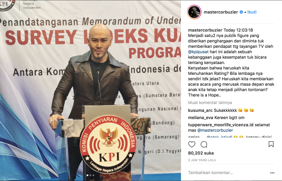 Deddy Corbuzier Raih Penghargaan dan Beropini Soal TV pada KPI. Semoga Tontonan Kita Membaik, Ya