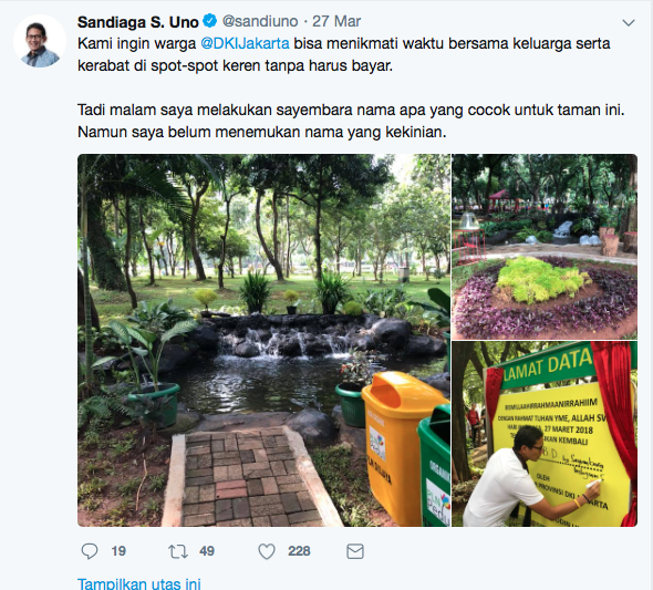 Hore, Sandiaga Uno Resmikan Taman di Barat Monas. Jakarta Punya Taman yang Instagramable Nih!