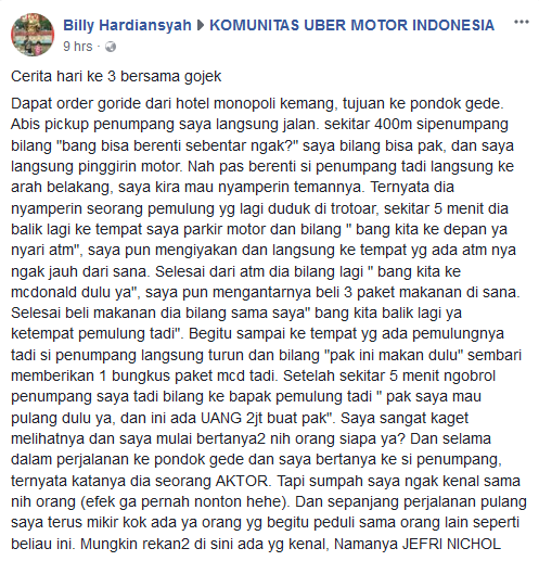 Beliin Makan dan Kasih Uang buat Pemulung, Abang Ojol Nggak Tahu Penumpangnya itu Ialah Jefri Nichol