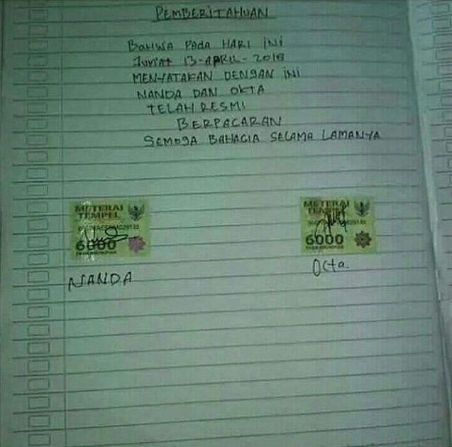 Kocak Abis, Pasangan ini Bikin Surat Perjanjian Pacaran Pakai Materai 6 Ribu. Kalau Putus, Masuk Bui?