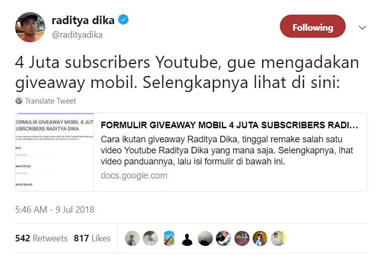 Banyak Fans Kritik Giveaway Mobil yang Diadakan Raditya Dika. Nggak Ada Salahnya buat Berhati-Hati