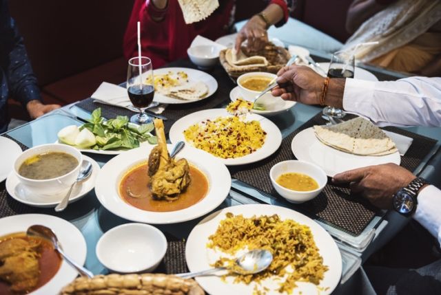 Food, plate, spoon and wine