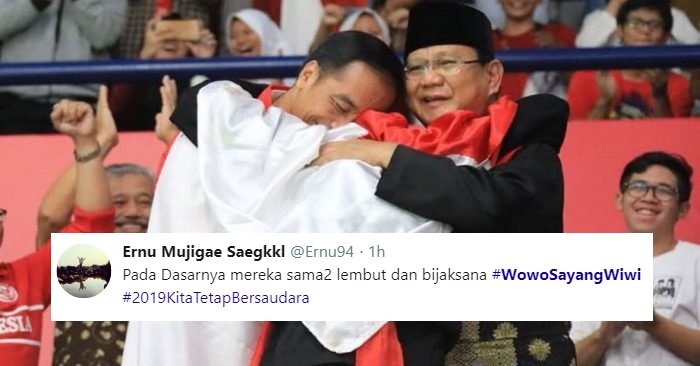 Jokowi dan Prabowo Berpelukan, Warganet pun Bikin Kutipan Kocak nan Romantis. Gini dong, Adem~ :