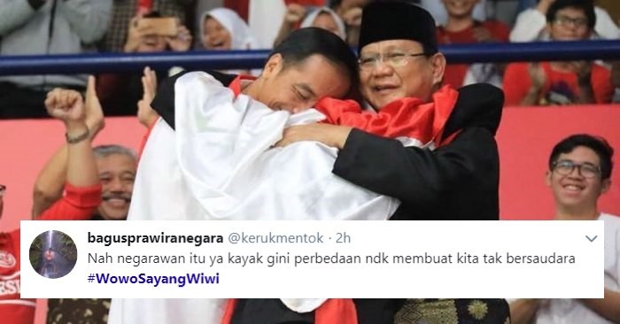 Jokowi dan Prabowo Berpelukan, Warganet pun Bikin Kutipan Kocak nan Romantis. Gini dong, Adem~ :