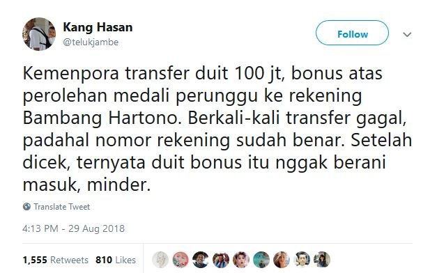 13 Tweet Kocak Warganet Saat Bambang Hartono Dapat Bonus Asian Games. Remah Rengginang!