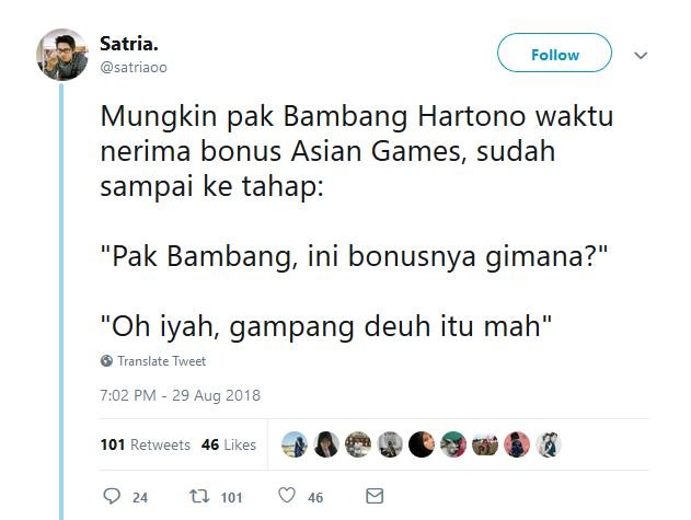 13 Tweet Kocak Warganet Saat Bambang Hartono Dapat Bonus Asian Games. Remah Rengginang!