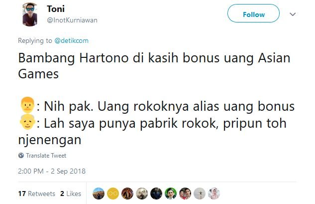 13 Tweet Kocak Warganet Saat Bambang Hartono Dapat Bonus Asian Games. Remah Rengginang!