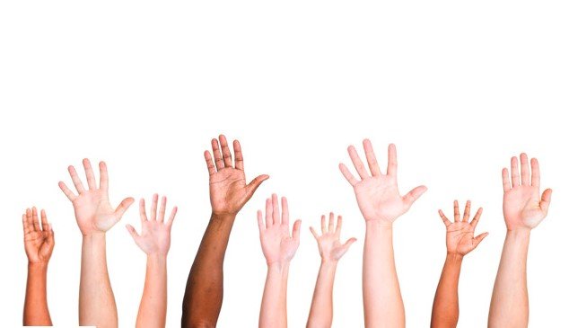 Diverse group of raised hands