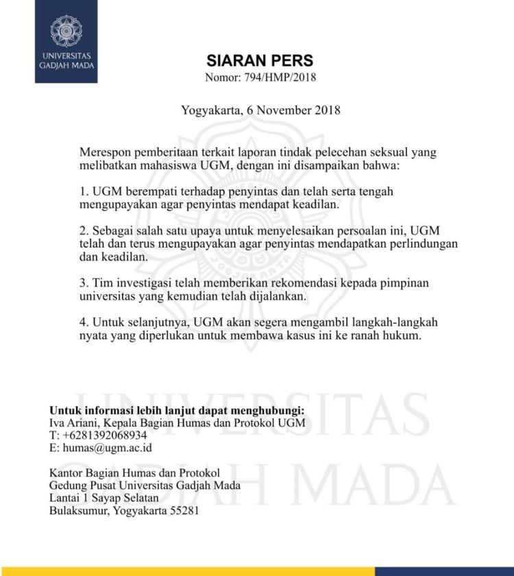 Setahun Berlalu, Kasus Pemerkosaan Mahasiswi UGM Terkuak ke Publik. Ini 6 Fakta yang Perlu Kamu Tahu