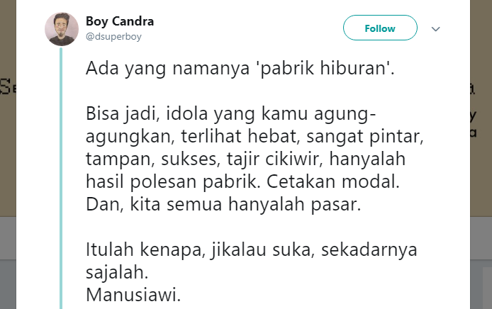 Boy Candra Berpesan untuk Nggak Fanatik sama Idola, Banyak Warganet yang Tersindir dengan Kicauannya