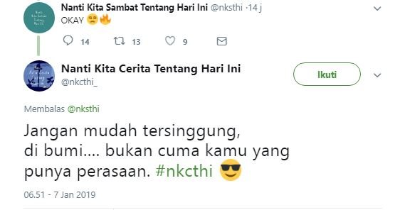 Balasan Akun @NKSTHI pada @NKCTHI Ini Ibarat Cewek yang Punya Cowok Cuek. Duh Gemesh Liatnya~