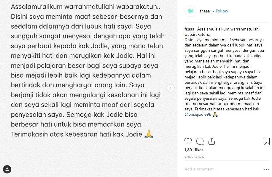 Brisia Jodie Kena Bully, Pelaku Minta Maaf Lewat Video Sambil Ketakutan. Super Pedas Kata-katanya!