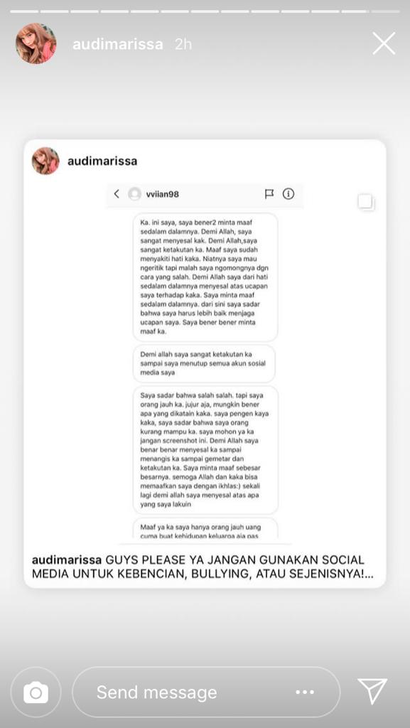 Audi Marissa Kena Bully, Gini Isi Pesan Singkat yang Ia Unggah ke Instagram. Miris!