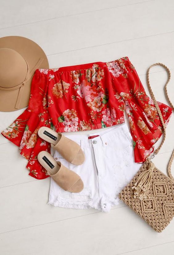 Naturally Charming Red Floral Print Off-the-Shoulder Crop Top