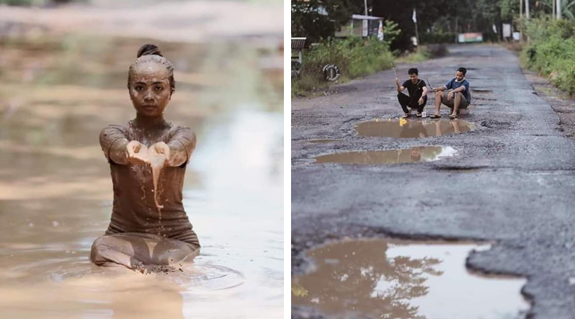 Protes Jalan Rusak dan Berlubang, Anak-anak Muda Berpose di Dalam Lumpur. Kritikan yang Efektif Nih!