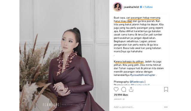 Dibilang Telat Nikah, Yuanita Christiani Bikin Tulisan Soal Perjalanan Cintanya. Ngena Banget!