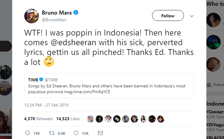 3 Sambatan Sarkas Bruno Mars di Twitter yang Sindir Indonesia Karena Lagunya Dilarang. Ciut nih :(